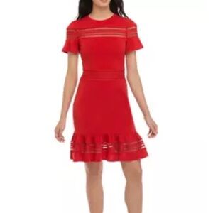 MICHAEL Michael Kors Women's Mesh Combo Flounce Hem Dress Large Red NWT